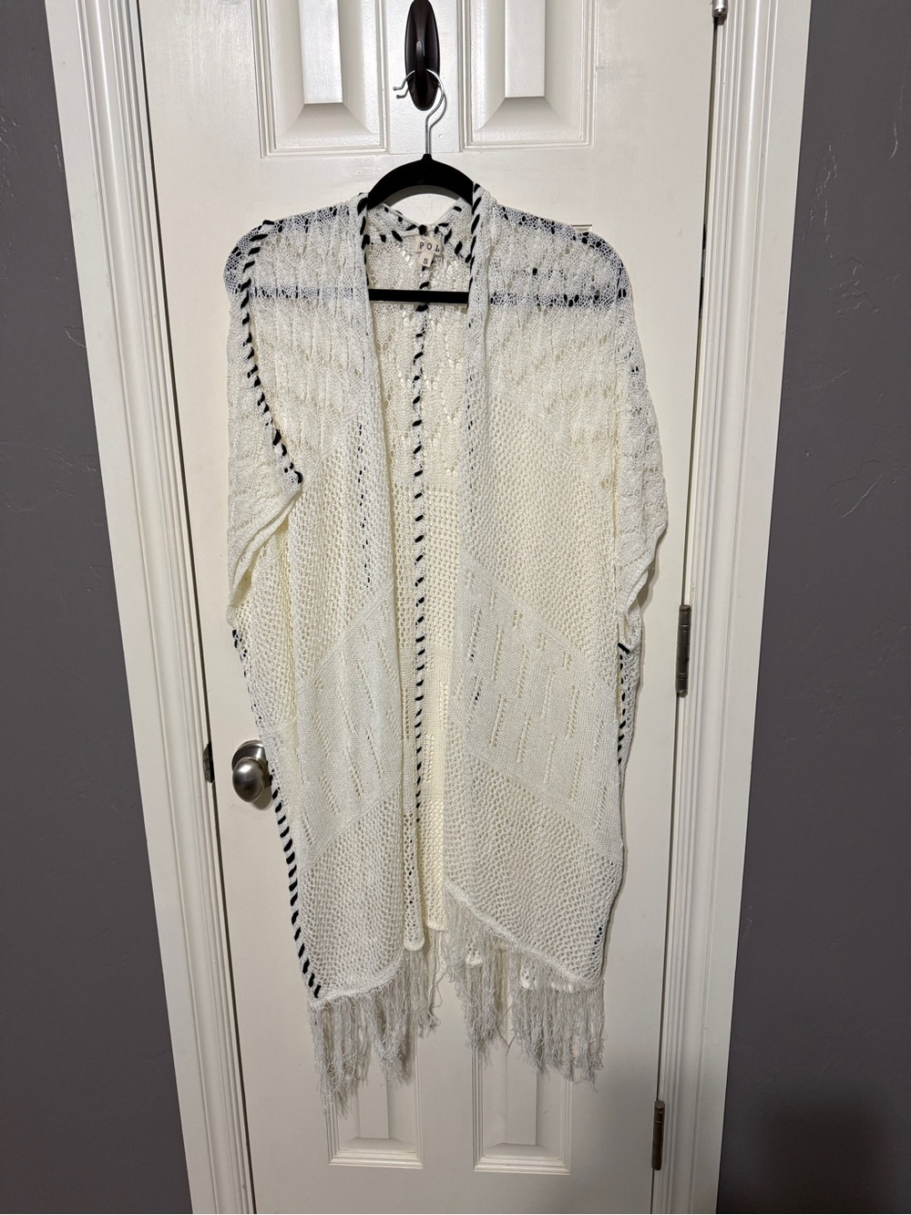 POL Cream Crochet Fringe Open-Knit Kimono with Black Trim